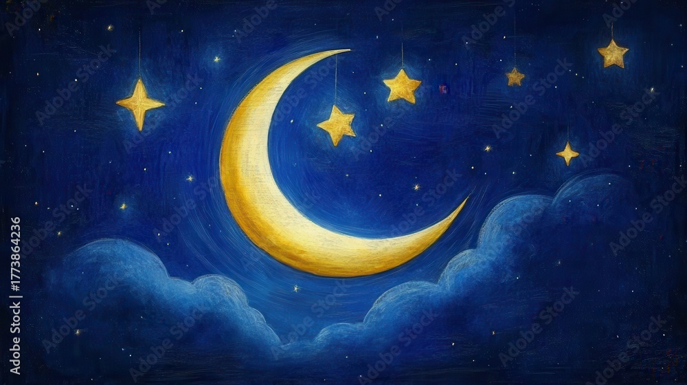 Naklejka premium Dreamy crescent moon and golden stars twinkle brightly in a deep blue night sky surrounded by soft clouds creating a magical, serene atmosphere for children's stories or peaceful sleep.