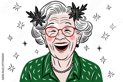 Joyful Senior Woman Laughing Illustrated Portrait with Festive Accents