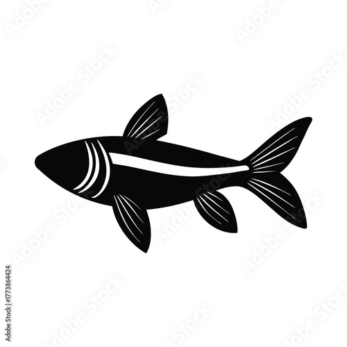 Black silhouette of a neon tetra fish with white stripe and fin details vector