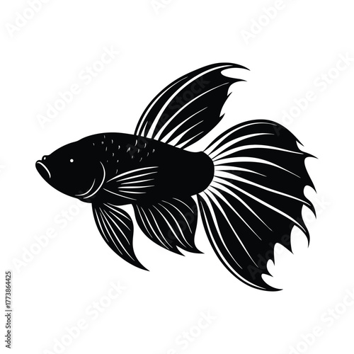Black betta fish silhouette with flowing fins on white background vector