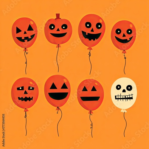 Halloween-themed balloons with various carved pumpkin and skull faces. The vibrant orange color sets a festive and playful atmosphere.