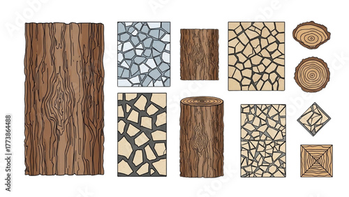 Diverse Hand-Drawn Wood and Stone Textures Collection Natural Surface Patterns for Architectural Design and Digital Backgrounds