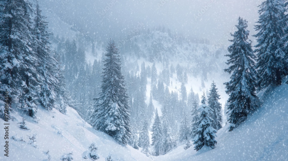 Obraz premium snow falling on winter forest mountain