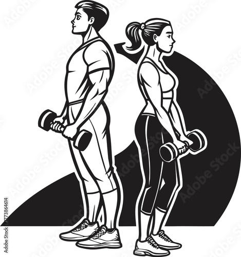 Man and woman exercising with dumbbells isolated on white background