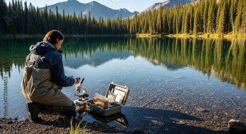 Scientist Analyzing Water Sample by Lake with Mountains