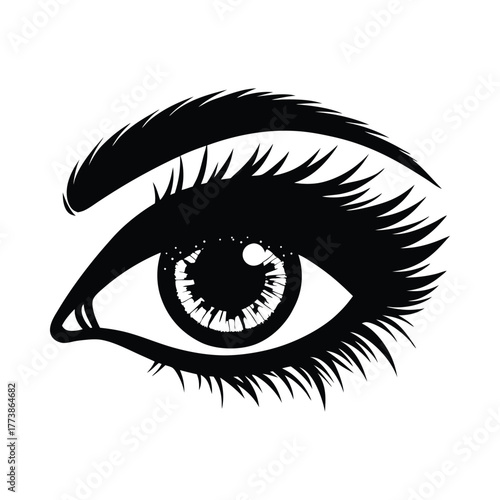 Black and white stylized human eye with detailed iris and lashes pupil