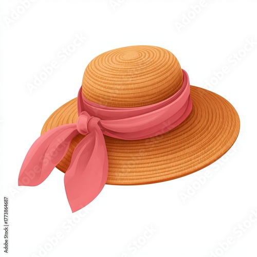 A beautiful straw hat with a stylish pink ribbon, perfect for summer days. The hat is made from woven straw with a wide brim and a cute bow.