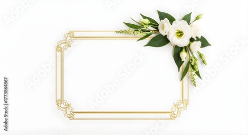 A horizontal ornate golden frame is adorned with a cluster of white flowers and green leaves in the top right corner, all set against a clean white background.