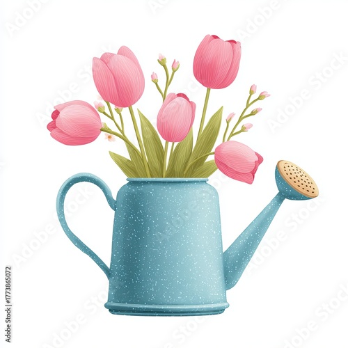 A charming illustration of pink tulips elegantly arranged within a vintage blue watering can