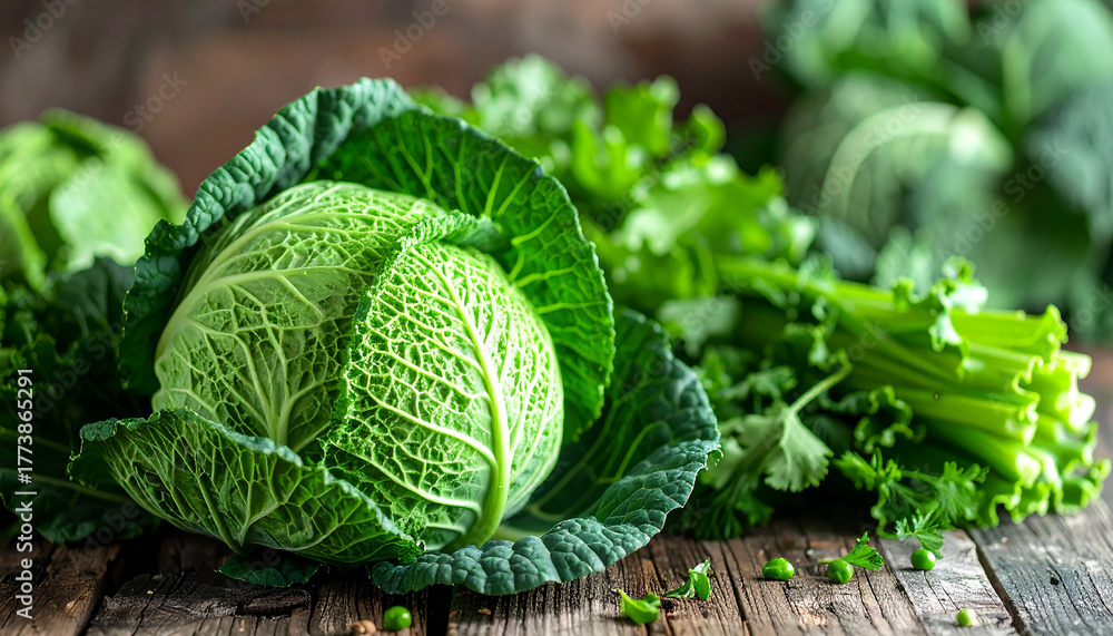Fototapeta premium Fresh green cabbage and assorted green vegetables on wooden or neutral surface, healthy raw