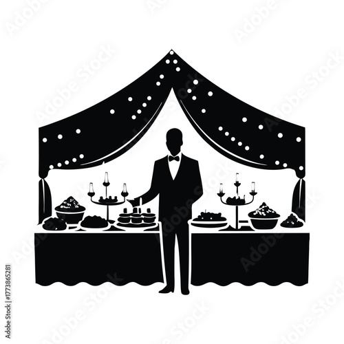 Silhouette of a waiter serving food at a decorated banquet hall vector