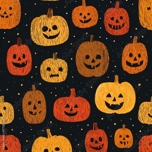A pattern of various carved pumpkins with smiling faces, ready for the Halloween celebration 