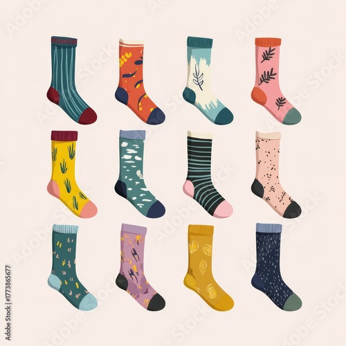 A colorful array of socks featuring various patterns, designs, and styles