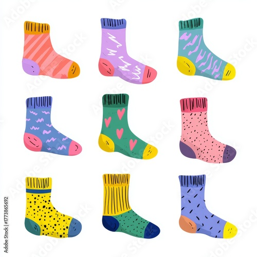 A collection of nine colorful, uniquely designed socks with diverse patterns and textures, perfect for adding a touch of personality and warmth to any outfit