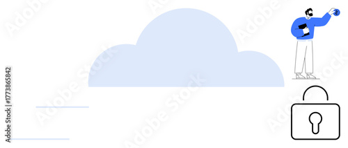 Large cloud with person organizing data, holding a globe and a file lock symbolizes privacy. Ideal for data management, cybersecurity, privacy, technology, cloud services, online storage, innovation