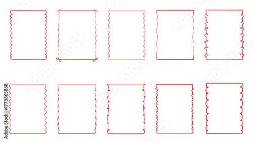 Red Whimsical Hand-Drawn Frames, Wavy Curly Line Borders and Playful Doodle Frame Set