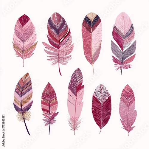 A collection of beautifully designed feathers in shades of pink and purple, showcasing intricate patterns and textures