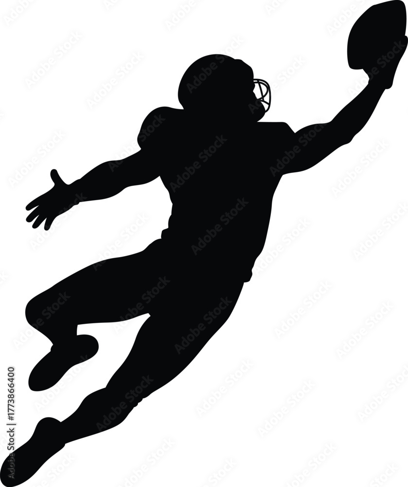 Naklejka premium Silhouette of an american football player leaping to catch a ball in a dynamic action pose