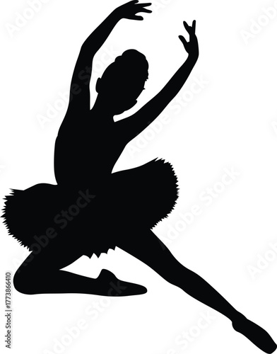 Elegant black silhouette of a ballerina in a graceful pose on a white background