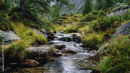 Serene Mountain Stream Flowing Through Lush Greenery and Rocky Landscape in a Natural Wilderness Scene