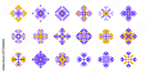 Pixel art flower icons in y2k style. Game 8 bit graphic forms of geometric embroidery patterns. Retro digital ornaments of decorative mosaic motifs for nostalgic interface design or cultural textile
