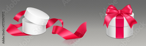 Round white gift box mockup with pink ribbon and bow in 3d cylinder shape. Open and closed present container with flowing silk tape on transparent bg isolated for celebration packaging design.