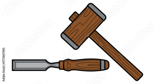 Mallet and chisel isolated on white background, essential tools for woodworking and carpentry projects, craftsmanship