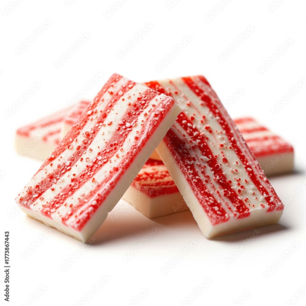 Obraz premium Rectangular Red and White Striped Candy Pieces Stacked on White Surface