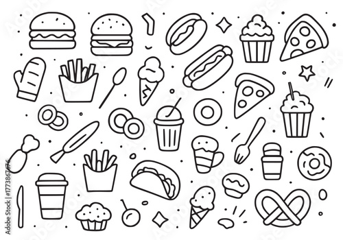 Assortment of Hand-Drawn Fast Food and Dessert Doodles