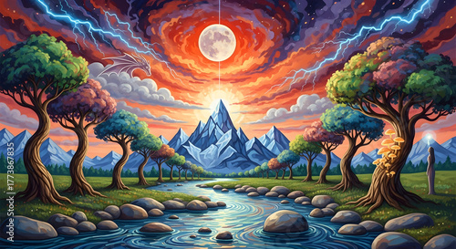 Wallpaper Mural Majestic Mountain Peak with River and Rainbow Trees | Vibrant Fantasy Landscape for Spiritual Wellness and Nature Inspired Marketing Torontodigital.ca