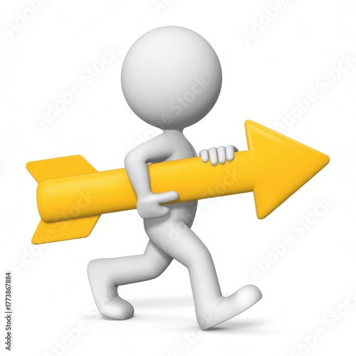 Stylized 3d white stick figure character holding a large yellow arrow forward