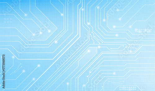 Abstract circuit board pattern with white line traces on light blue tech background - digital network connections and glowing nodes. Modern electronic technology design for innovation or computing.