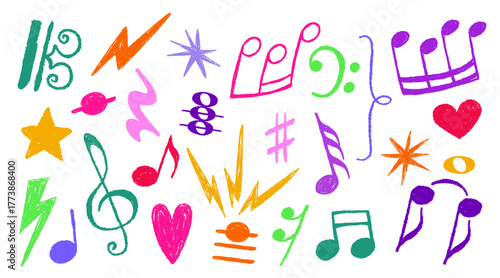 Colorful crayon music note set with hand drawn brush vector elements and chalk doodle symbols for creative designs. Musical hearts with stars and lightning bolts. Playful artistic kids sketches.