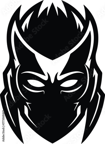 Stylized black and white masked character face logo