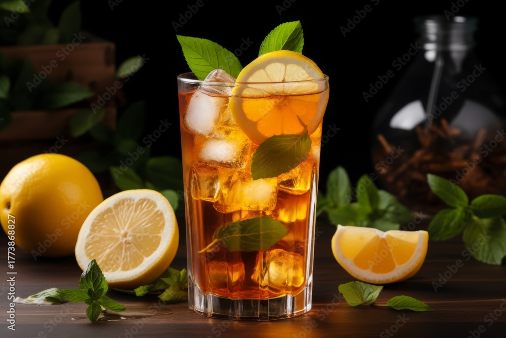 Fototapeta premium Refreshing iced tea with lemon and mint in a glass surrounded by fresh ingredients on a wooden table