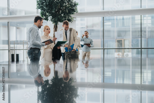 Vászonkép A diverse group of coworkers in a bright corporate atrium review papers and a tablet, collaborating on a project in a sleek, glass-walled office lobby