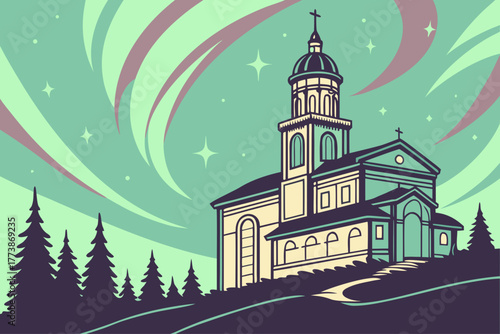 Flat design of Fairbanks aurora borealis minimal night sky vector, glowing pastel tones perfect for travel illustration and northern adventure design
