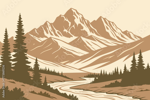 Flat design of Denali National Park mountain range minimal vector, modern pastel outdoor landscape ideal for wall art and minimalist travel prints
