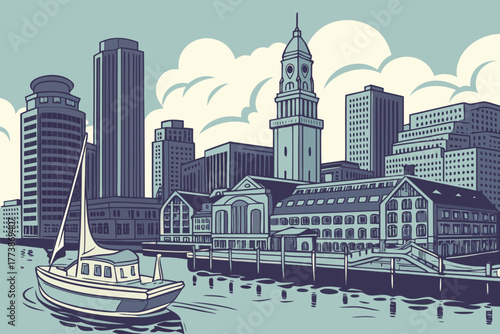 Flat modern design of Boston skyline harbor reflection tone
