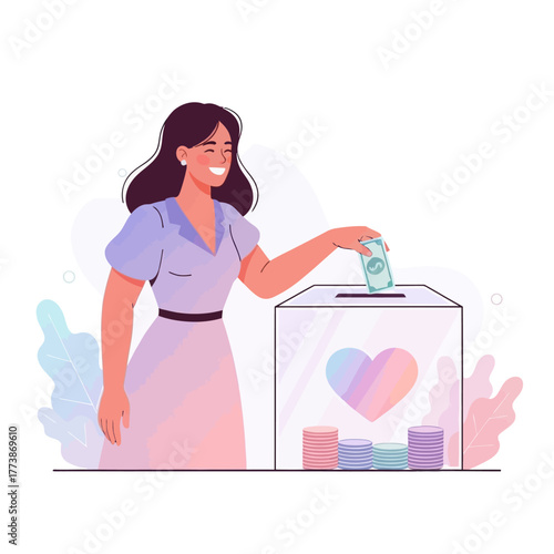 Charitable Donation Woman Inserting Money into Donation Box, Concept of Giving and Support