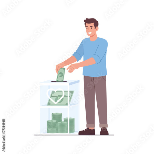 Volunteer inserting a donation into a transparent charity box. Generosity and compassion concept