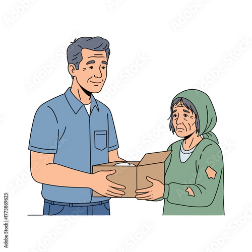 A generous man provides a donation box with humanitarian aid to a destitute elderly woman in need of support and kindness