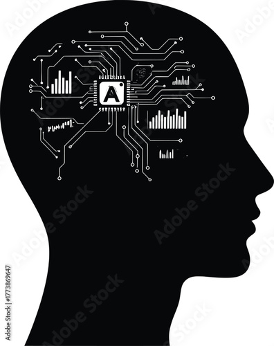Vector Illustration Artificial Intelligence and Human Brain Synergy - A Conceptual Image of Technological Integration and Advanced Computing Power in the Human Mind Vector Graphic