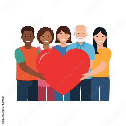 A diverse group of people from different backgrounds holding a heart, symbolizing community support, charity, and togetherness