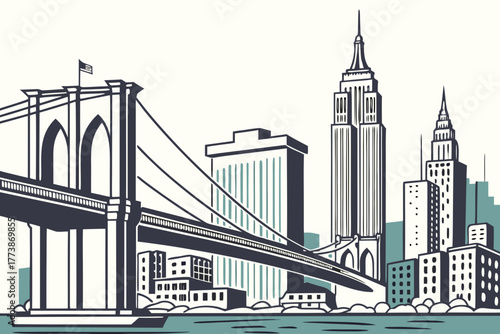 Flat design of Brooklyn bridge skyline minimal poster
