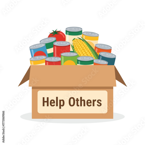 A cardboard box overflowing with canned goods and fresh produce for a food drive, representing charity, community support, and humanitarian aid