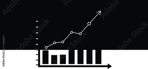 A high resolution black and white vector illustration of a bar chart and a line graph showing upward trends, representing growth and positive performance in a business context