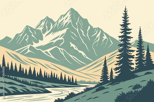 Flat design of Denali National Park mountain range minimal vector, modern pastel outdoor landscape ideal for wall art and minimalist travel prints
