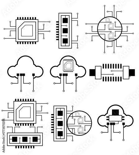 graphic representations of a computer chip in black and white with different fill styles