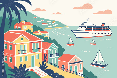 Flat modern design of St. Thomas harbor with cruise ships and colorful houses, elegant minimal travel vector art ideal for wall decor, lifestyle graphics, and tropical destination concepts
